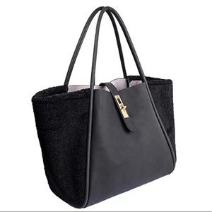 NWT Black Faux Shearling Tote Bag with Removable Pouch